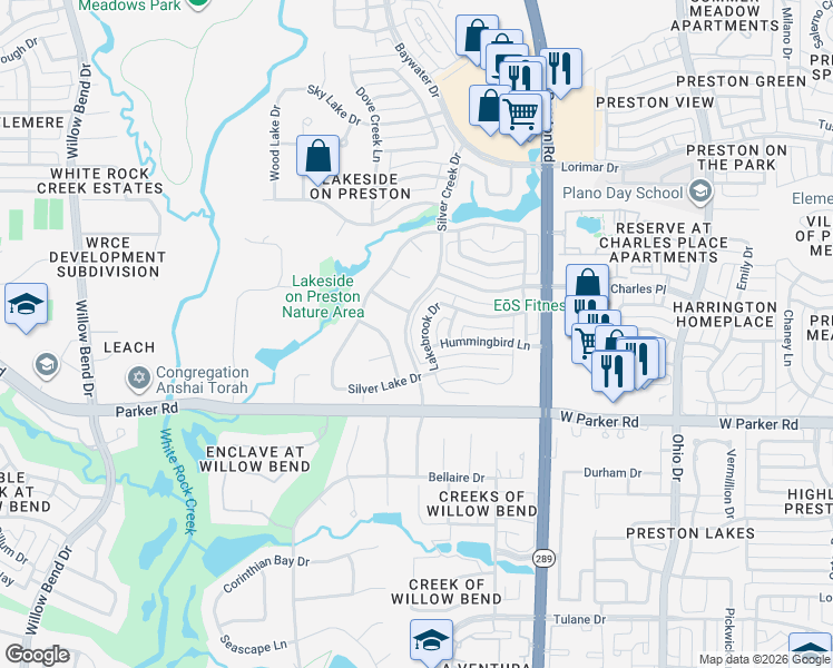 map of restaurants, bars, coffee shops, grocery stores, and more near 3513 Lakebrook Drive in Plano