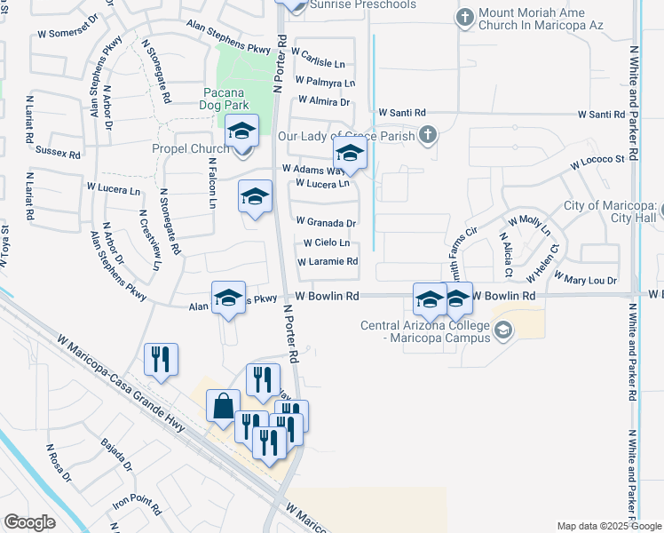 map of restaurants, bars, coffee shops, grocery stores, and more near 41261 West Laramie Road in Maricopa