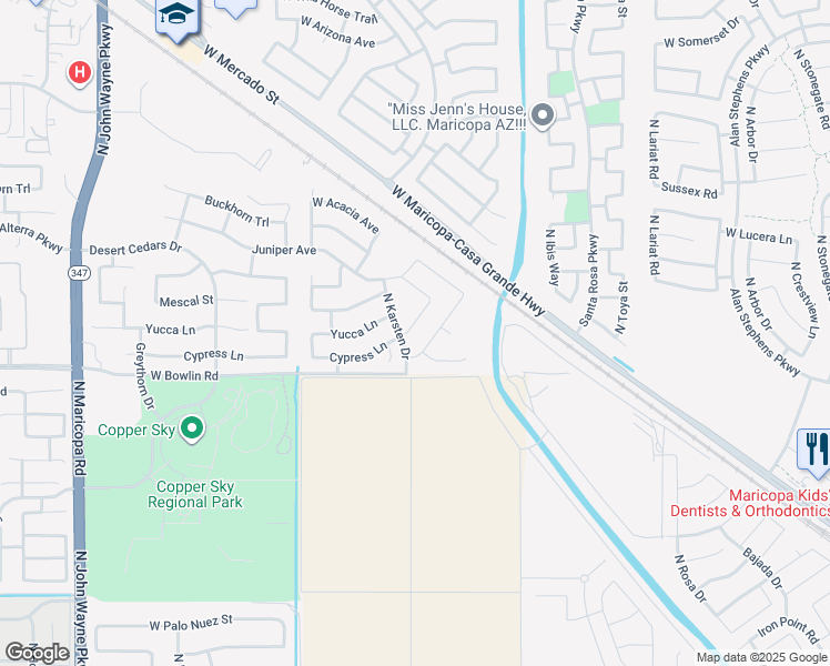 map of restaurants, bars, coffee shops, grocery stores, and more near 18197 Cypress Lane in Maricopa