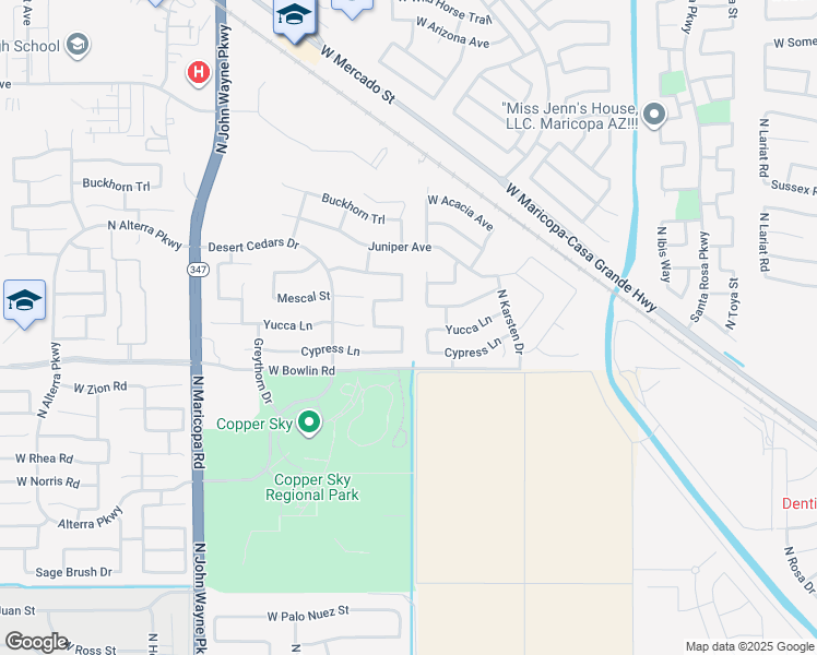 map of restaurants, bars, coffee shops, grocery stores, and more near 18195 North Larkspur Drive in Maricopa