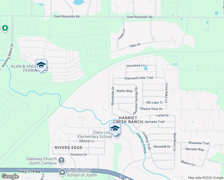 map of restaurants, bars, coffee shops, grocery stores, and more near 1601 Rialto Way in Justin