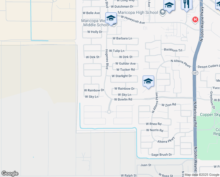 map of restaurants, bars, coffee shops, grocery stores, and more near 18178 Kari Lane in Maricopa