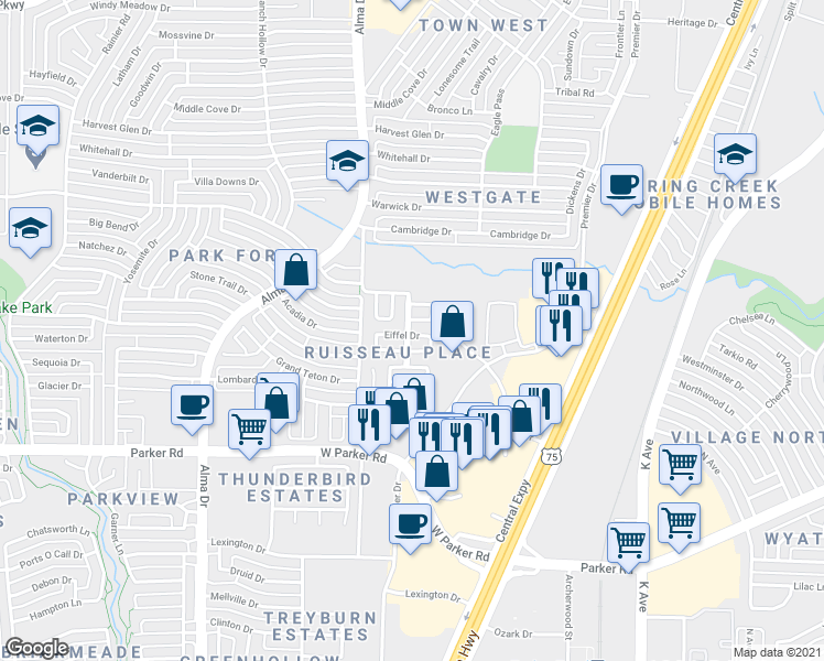 map of restaurants, bars, coffee shops, grocery stores, and more near 775 Eiffel Drive in Plano