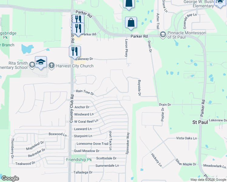 map of restaurants, bars, coffee shops, grocery stores, and more near 1301 Rain Tree Dr in Wylie
