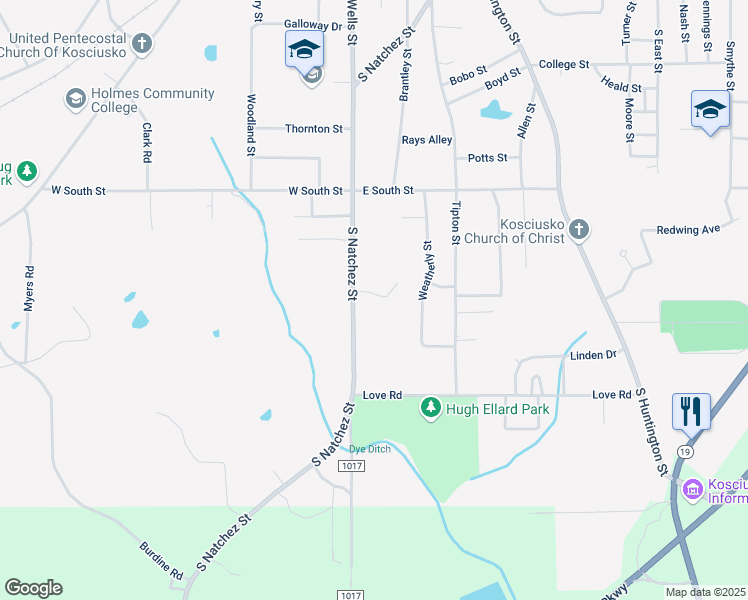 map of restaurants, bars, coffee shops, grocery stores, and more near 109 Jeffrey Street in Kosciusko
