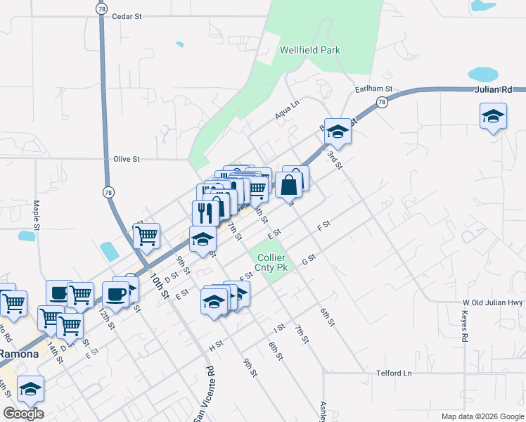 map of restaurants, bars, coffee shops, grocery stores, and more near 549 D Street in Ramona
