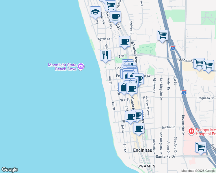 map of restaurants, bars, coffee shops, grocery stores, and more near 538 4th Street in Encinitas