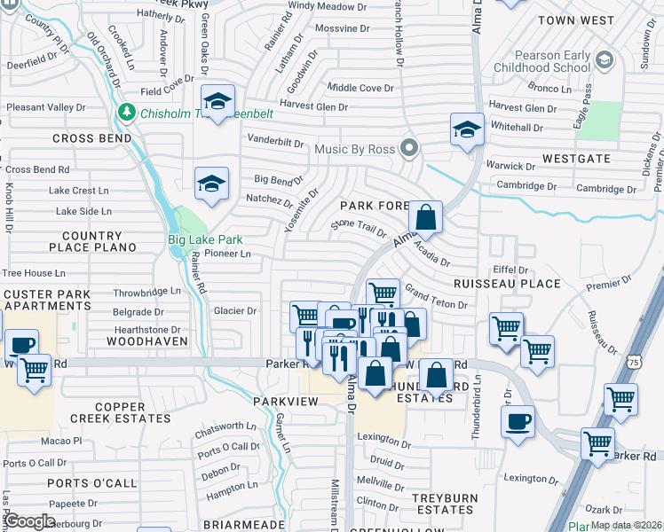 map of restaurants, bars, coffee shops, grocery stores, and more near 1112 Pioneer Lane in Plano