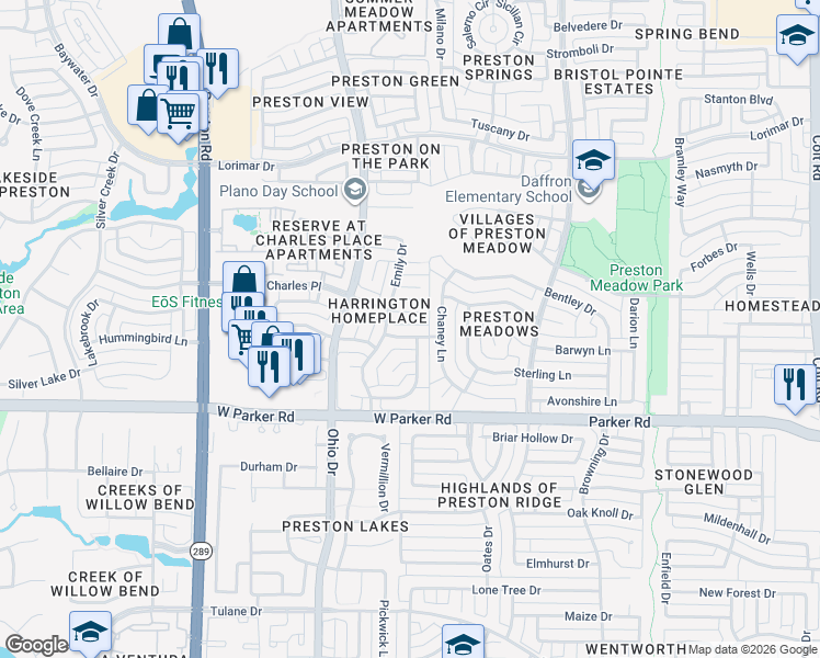map of restaurants, bars, coffee shops, grocery stores, and more near 4605 Saxon Drive in Plano