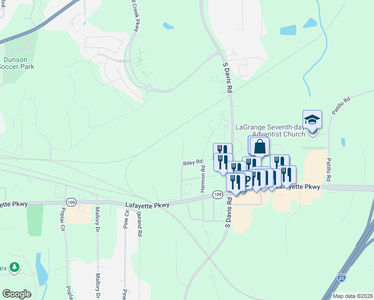 map of restaurants, bars, coffee shops, grocery stores, and more near 305 Harmon Road in LaGrange