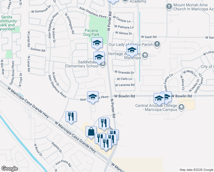 map of restaurants, bars, coffee shops, grocery stores, and more near 18177 North Tara Lane in Maricopa