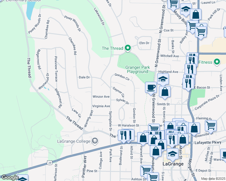 map of restaurants, bars, coffee shops, grocery stores, and more near 510 Springdale Drive in LaGrange