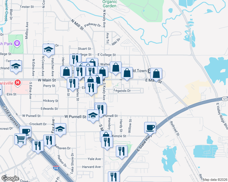 map of restaurants, bars, coffee shops, grocery stores, and more near 300 Legends Dr in Lewisville