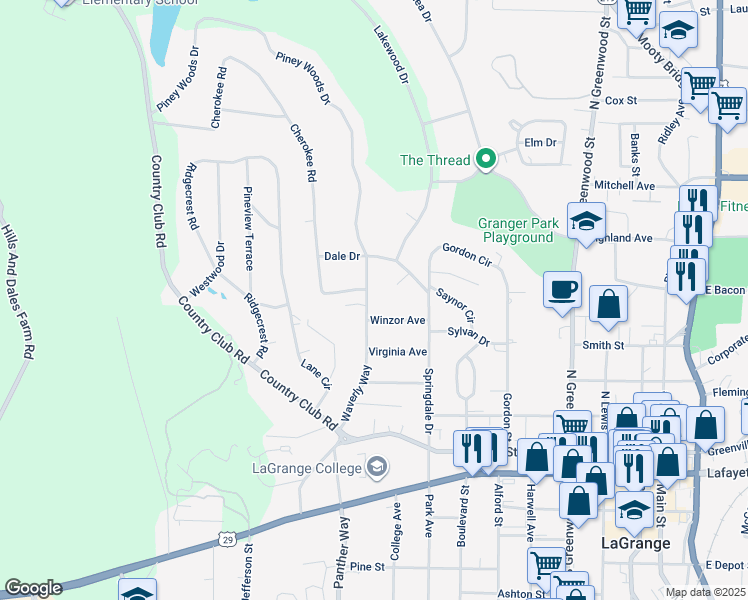 map of restaurants, bars, coffee shops, grocery stores, and more near 408 Waverly Way in LaGrange