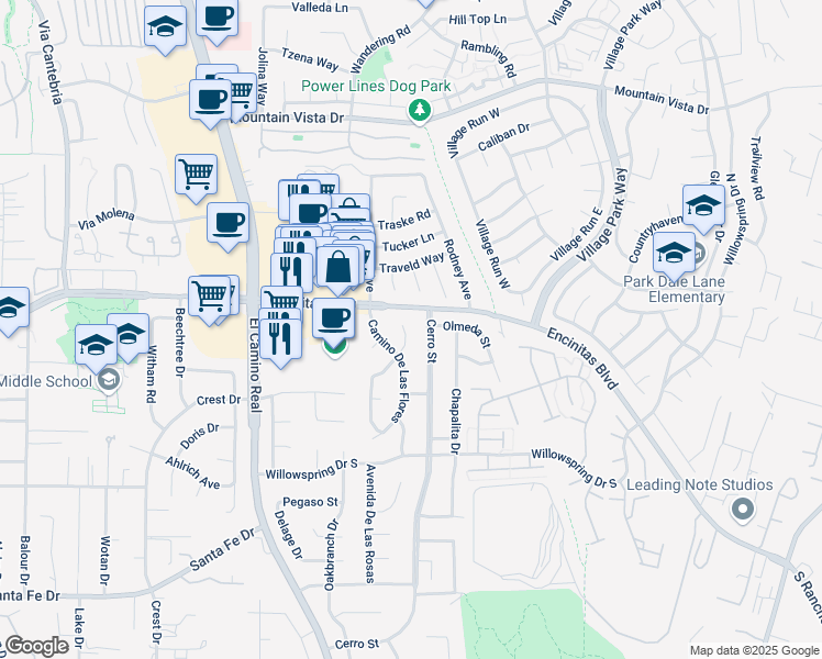 map of restaurants, bars, coffee shops, grocery stores, and more near 1577 Avenida De Los Lirios in Encinitas