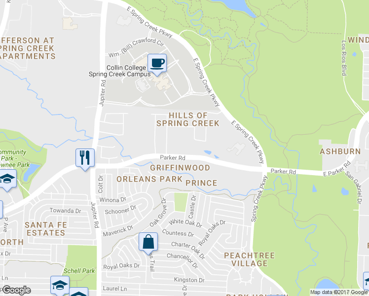map of restaurants, bars, coffee shops, grocery stores, and more near 2875 East Parker Road in Plano