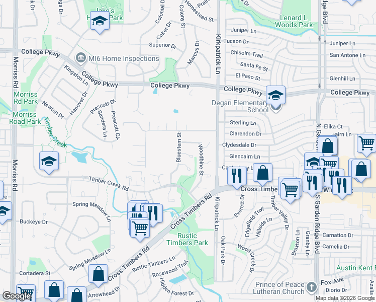 map of restaurants, bars, coffee shops, grocery stores, and more near 1214 Bois D Arc Court in Flower Mound