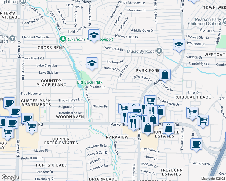 map of restaurants, bars, coffee shops, grocery stores, and more near 1306 Pioneer Lane in Plano