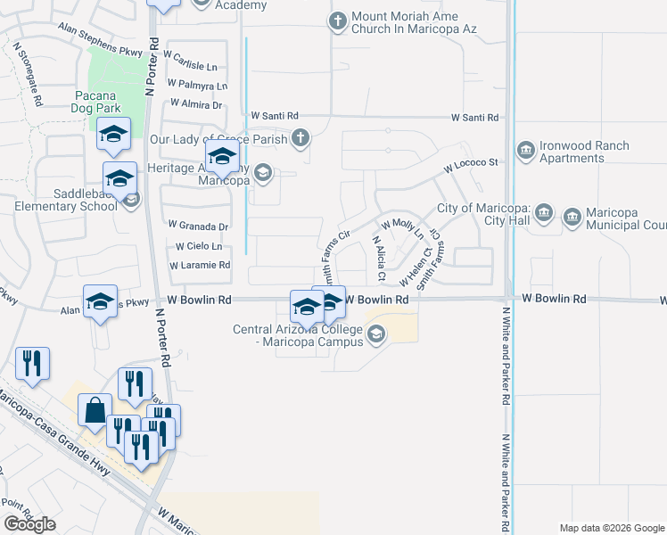 map of restaurants, bars, coffee shops, grocery stores, and more near 18186 West Kristal Lane in Maricopa