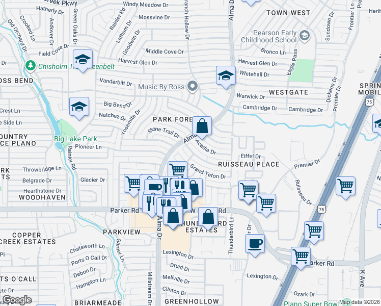 map of restaurants, bars, coffee shops, grocery stores, and more near 936 Stone Trail Drive in Plano