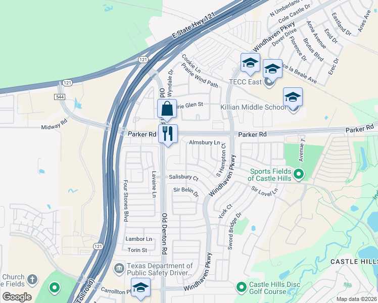 map of restaurants, bars, coffee shops, grocery stores, and more near 413 Water Bridge Drive in Lewisville