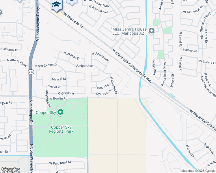 map of restaurants, bars, coffee shops, grocery stores, and more near 43633 Yucca Lane in Maricopa