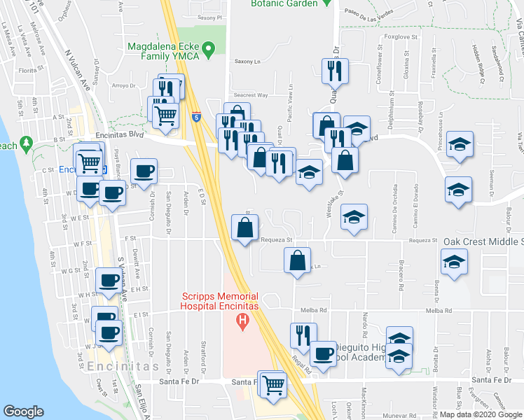 map of restaurants, bars, coffee shops, grocery stores, and more near 450 Villa Blanca Court in Encinitas