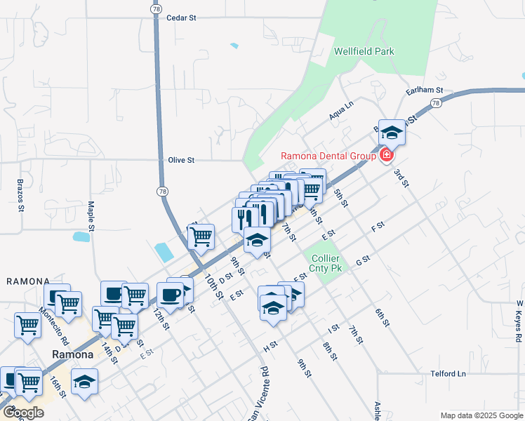 map of restaurants, bars, coffee shops, grocery stores, and more near in Ramona
