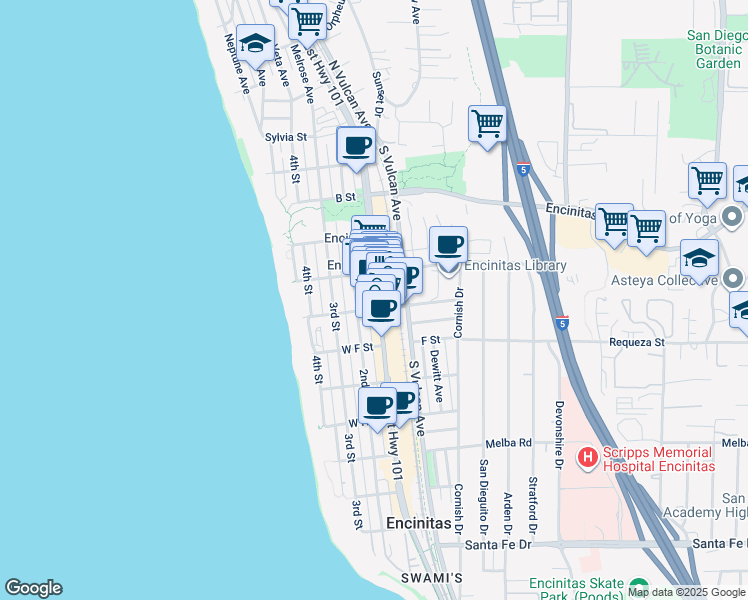 map of restaurants, bars, coffee shops, grocery stores, and more near 105 West D Street in Encinitas