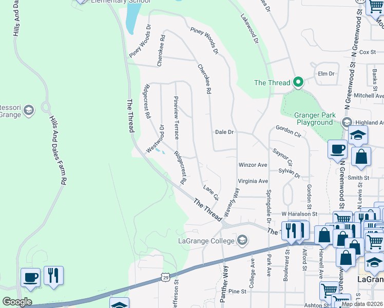 map of restaurants, bars, coffee shops, grocery stores, and more near 400 Ridgecrest Road in LaGrange