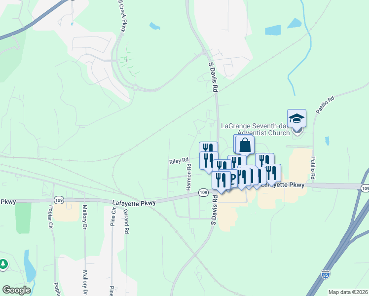 map of restaurants, bars, coffee shops, grocery stores, and more near 305 Harmon Road in LaGrange