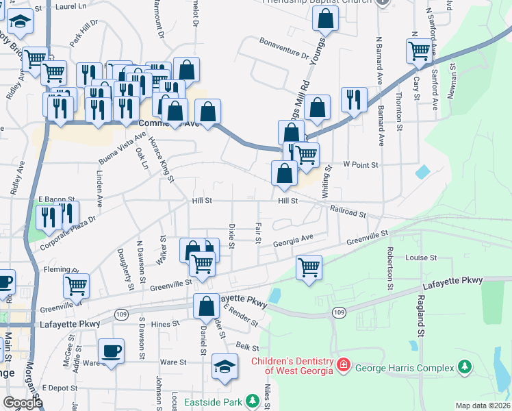 map of restaurants, bars, coffee shops, grocery stores, and more near 714 Hill Street in LaGrange