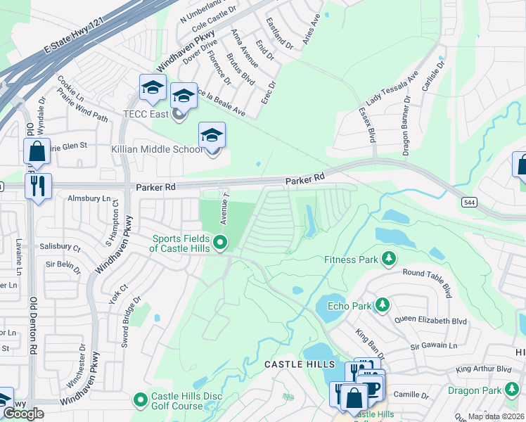 map of restaurants, bars, coffee shops, grocery stores, and more near 2501 Case Castle Court in Lewisville