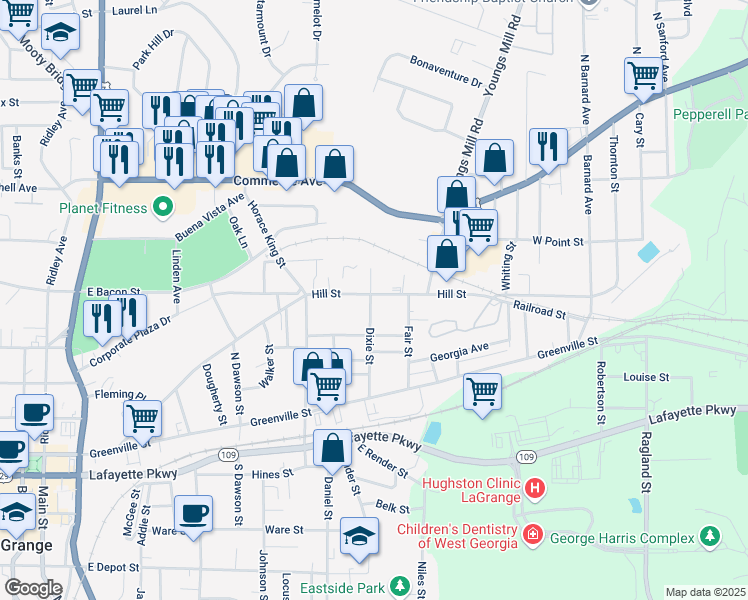 map of restaurants, bars, coffee shops, grocery stores, and more near 700 Hill Street in LaGrange