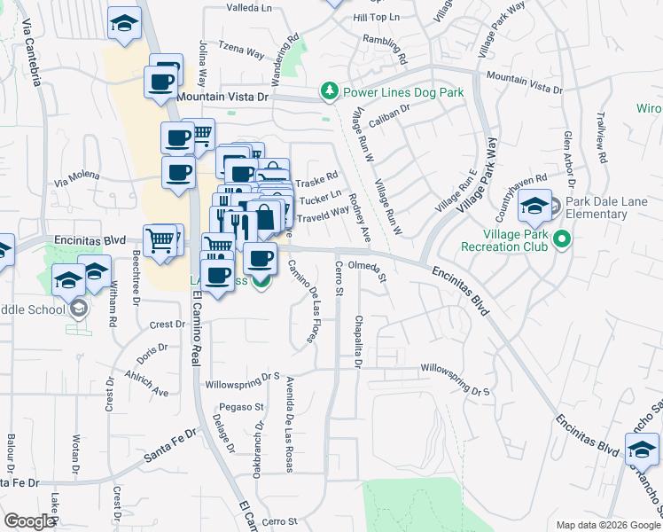 map of restaurants, bars, coffee shops, grocery stores, and more near 1577 Avenida De Los Lirios in Encinitas