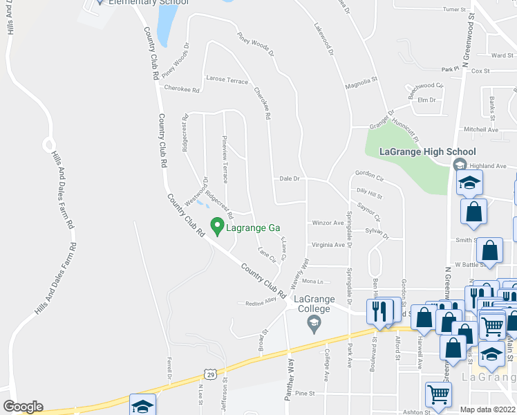 map of restaurants, bars, coffee shops, grocery stores, and more near 400 Ridgecrest Road in LaGrange