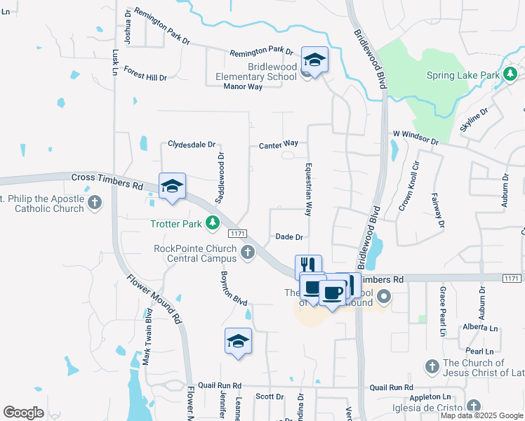 map of restaurants, bars, coffee shops, grocery stores, and more near 4213 Huntwick Lane in Flower Mound