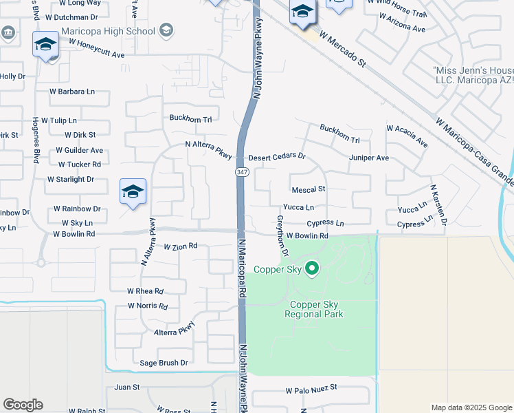 map of restaurants, bars, coffee shops, grocery stores, and more near 44612 Yucca Lane in Maricopa