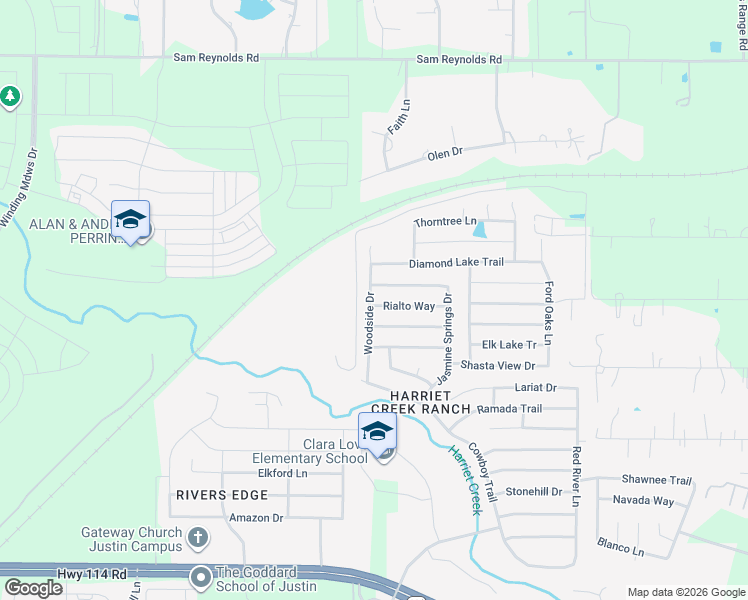 map of restaurants, bars, coffee shops, grocery stores, and more near 1601 Rialto Way in Justin