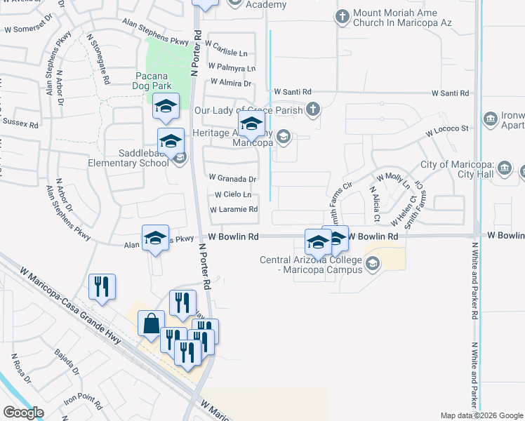 map of restaurants, bars, coffee shops, grocery stores, and more near 18175 North Cook Drive in Maricopa