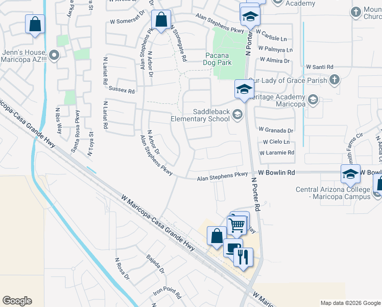 map of restaurants, bars, coffee shops, grocery stores, and more near 18190 North Stonegate Road in Maricopa