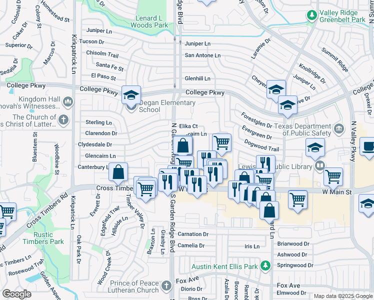 map of restaurants, bars, coffee shops, grocery stores, and more near 301 North Garden Ridge Boulevard in Lewisville