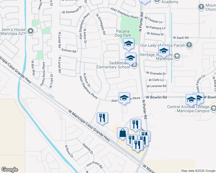 map of restaurants, bars, coffee shops, grocery stores, and more near 18190 North Stonegate Road in Maricopa