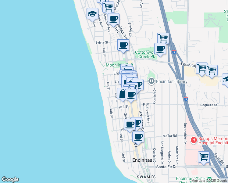 map of restaurants, bars, coffee shops, grocery stores, and more near 538-2 3rd Street in Encinitas