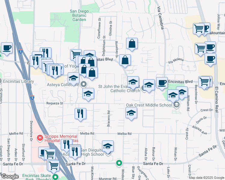 map of restaurants, bars, coffee shops, grocery stores, and more near 606 Camino El Dorado in Encinitas