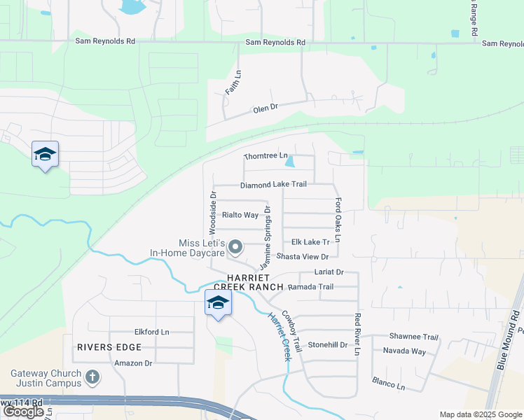 map of restaurants, bars, coffee shops, grocery stores, and more near 1733 Rialto Way in Justin