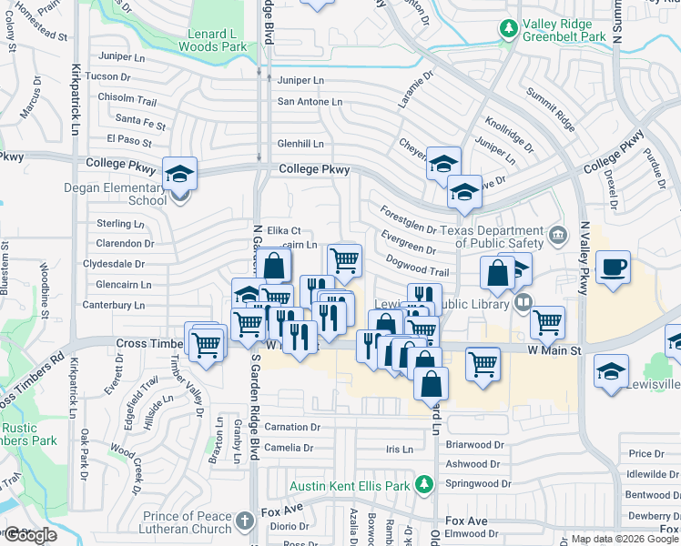 map of restaurants, bars, coffee shops, grocery stores, and more near 1513 Pine Ridge Dr in Lewisville