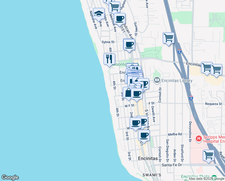 map of restaurants, bars, coffee shops, grocery stores, and more near 532 4th Street in Encinitas