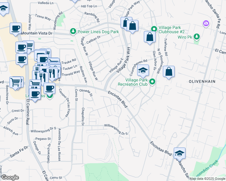 map of restaurants, bars, coffee shops, grocery stores, and more near 1925 Village Wood Road in Encinitas