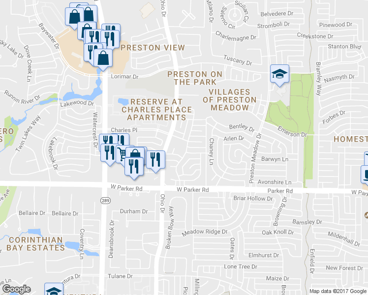 map of restaurants, bars, coffee shops, grocery stores, and more near 3509 Emily Drive in Plano
